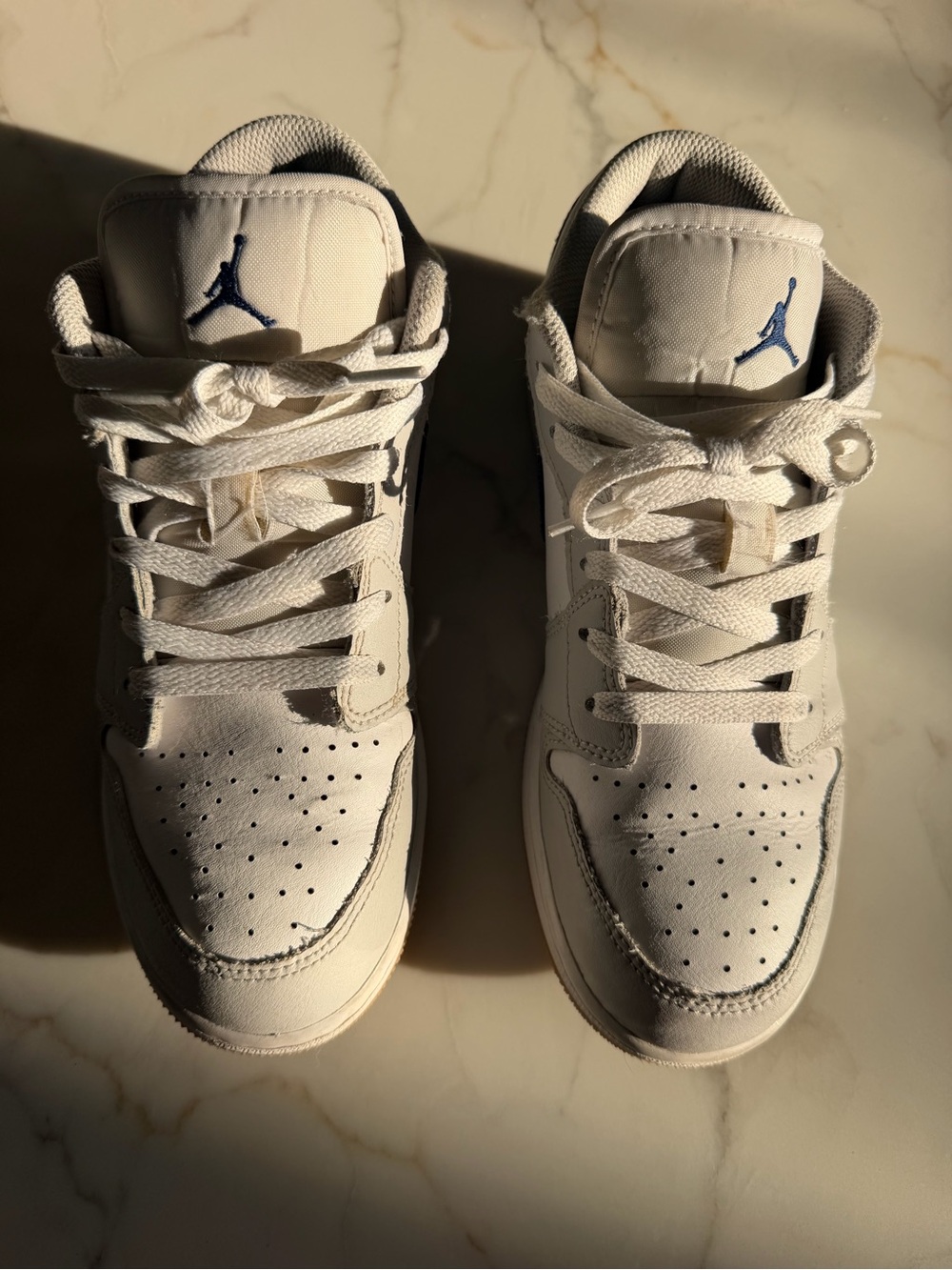 Jordan Kids White Sneakers with Blue Jumpman Accent